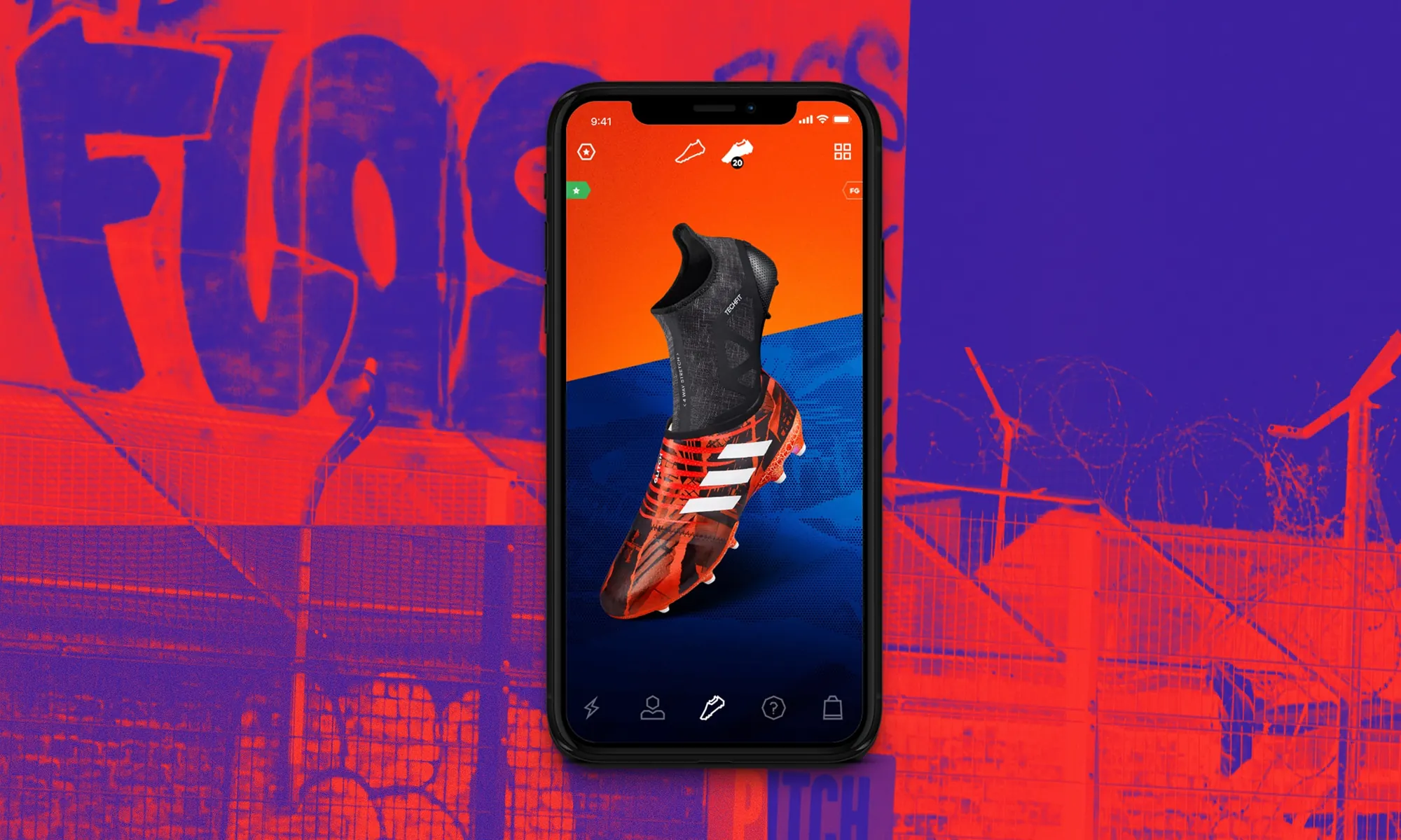 The adidas GLITCH app on a phone, set against a red and blue football pitch